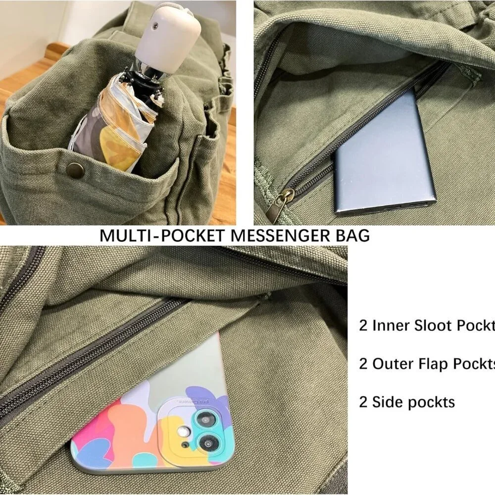 Large Canvas Hobo Bag Unisex Crossbody Tote Multi-Pocket Durable Stylish